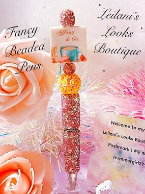 Fancy beaded pen/gifts/light blue tea cup/pink flowers/
